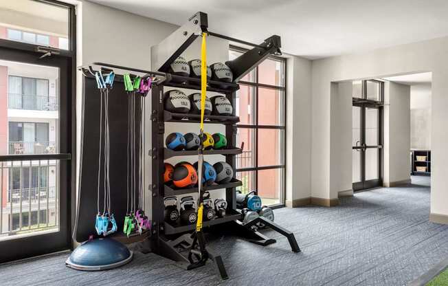 A gym room with a pull up bar and weights.
