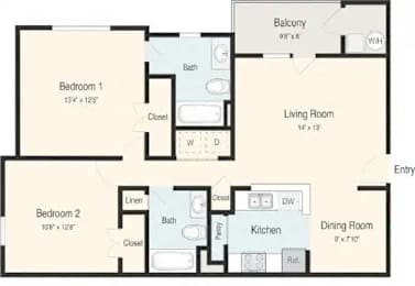 2 beds, 2 baths, 1,000 sqft, $1,355