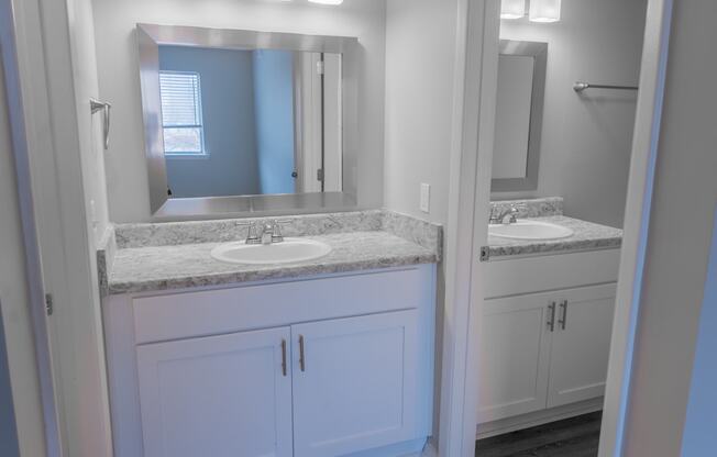 a bathroom with two sinks and a mirror