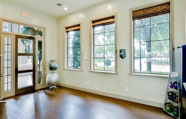 Pilates and yoga studio at Mission at La Villita Apartments in Irving, TX offers 1, 2 & 3 bedroom apartment homes with appliances.