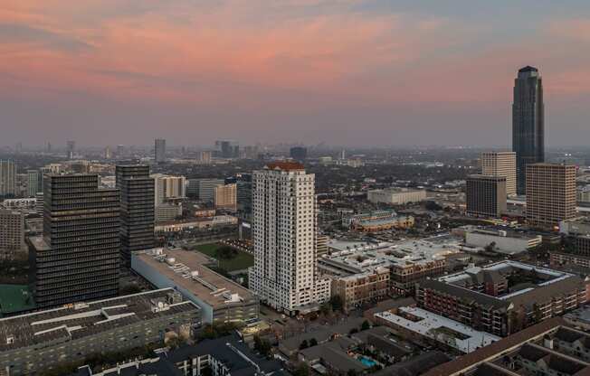 an aerial view of Dominion Post Oak at sunset in Houston, TX