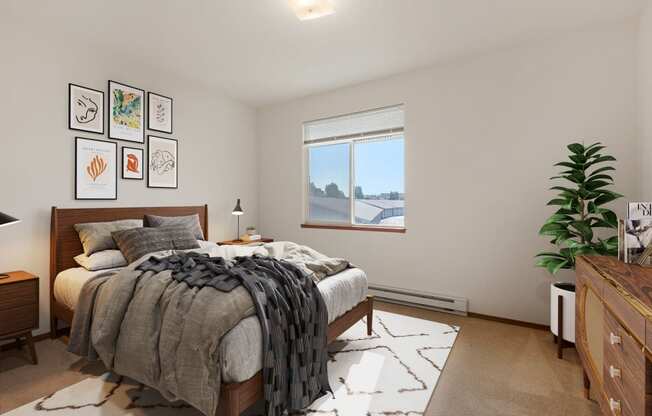 a bedroom with a large bed and a window