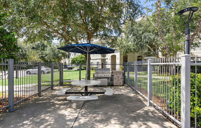 A picnic table is surrounded by a metal fence in a park.