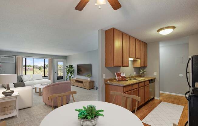 A living room with a couch, chair, and a table with a plant on it.