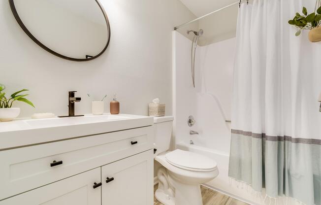 Platinum bathroom interior with amenities, toilet and tub shower at The Arbor in Blue Springs, MO