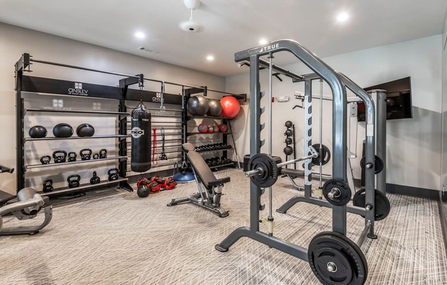 A well-equipped home gym with a variety of exercise equipment.