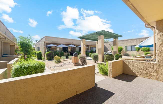 Patio with courtyard view at SunVilla Apartments in Mesa Arizona