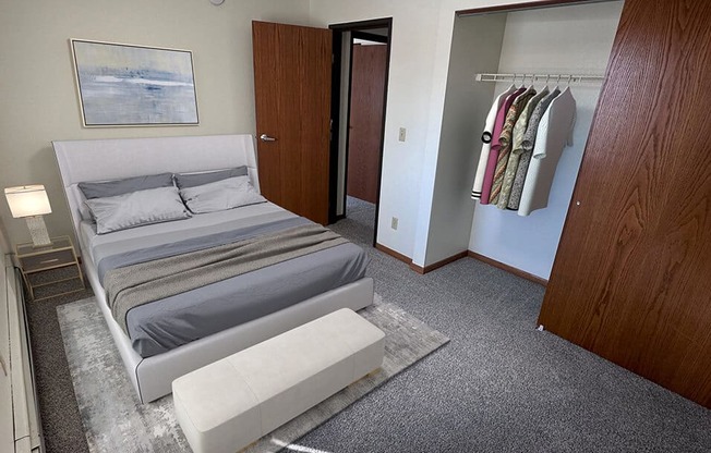 a bedroom with a bed and a closet