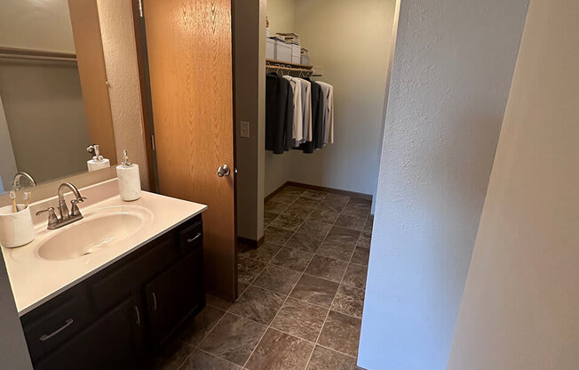 a bathroom with a sink and a mirror