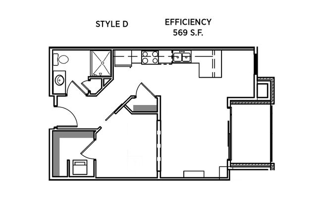 Studio, 1 bath, 569 sqft, $1,340, Unit 402