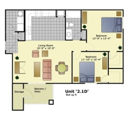 2 beds, 1 bath, 964 sqft, $1,725