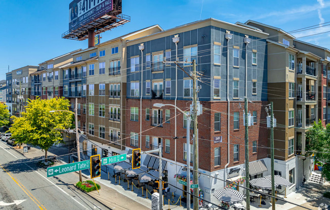 an overhead view of an apartment building on a city street