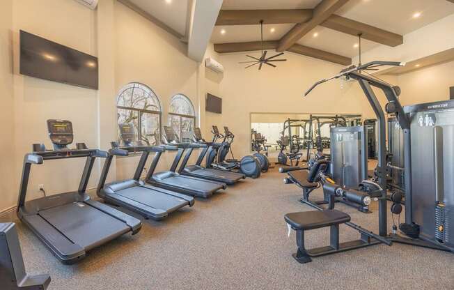 A gym with treadmills, elliptical machines, and a weight rack.