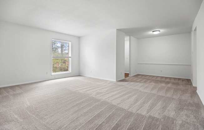 the living room and dining room of an apartment with carpet and a window