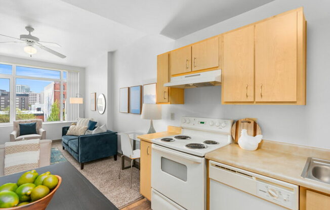 White Kitchen Appliances at Pacific Tower Apartments, Oregon