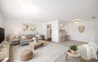 A living room with a grey couch, a wooden coffee table, and a white rug.