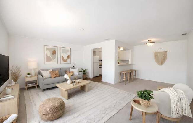 A living room with a grey couch, a wooden coffee table, and a white rug.
