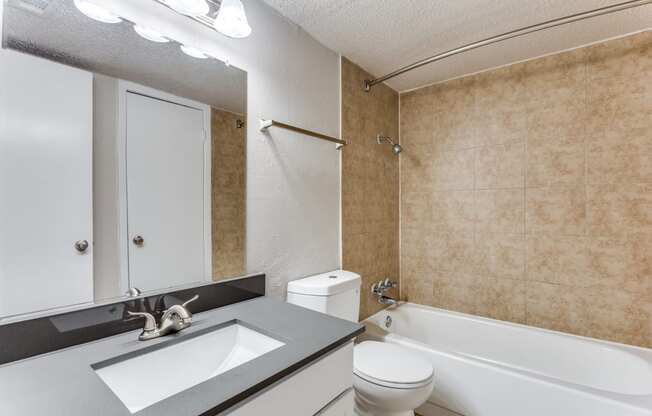 a bathroom with a sink toilet and a bath tub