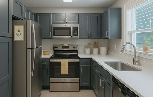 A kitchen with a refrigerator, oven, microwave, and sink.