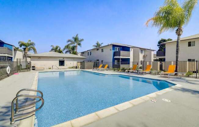 A swimming pool surrounded by palm trees and sun loungers.