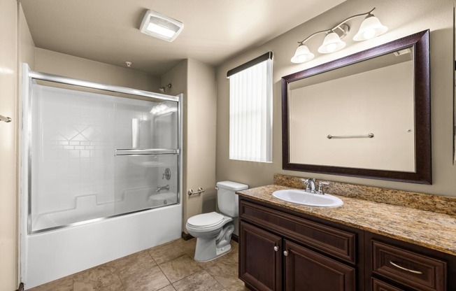 a bathroom with a shower toilet and sink and a mirror