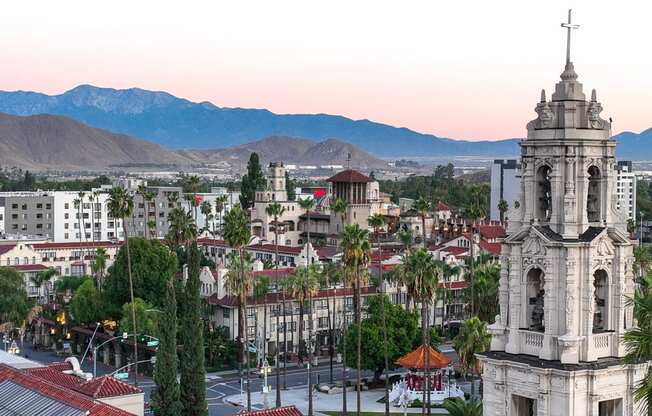 Views of the city with large church steeple