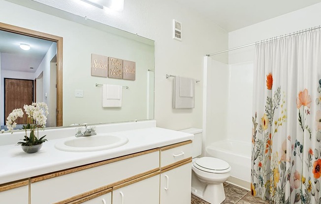 A bathroom with a sink, toilet, and shower at Tanglewood Apartments, Oak Creek