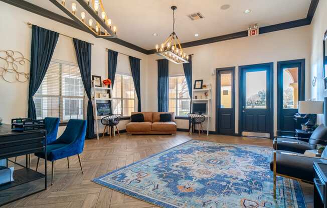 a living room with blue curtains and a blue rug and a piano