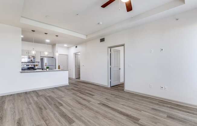 A room with a white ceiling and a wooden floor.