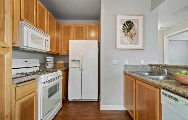 2 Bedroom Apartments in Petaluma, CA - Theatre Square - Kitchen With Light Wood-Style Cabinetry, Breakfast Bar, Granite Countertops, White Appliances, And Wood-Plank Flooring