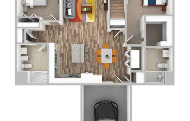 a floor plan of a house with a car in the garage