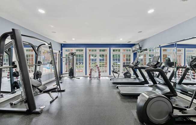 A gym with treadmills, weights, and exercise machines.