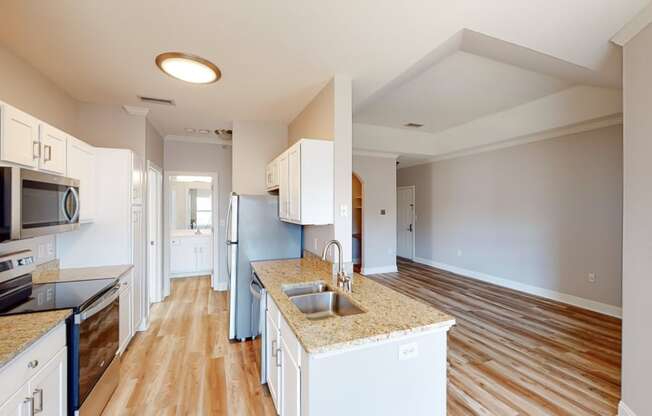 One bedroom kitchen and commons space, granite counters