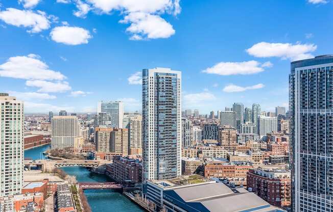 an aerial view of the city and the river at Cassidy on Canal, Chicago, IL, 60654