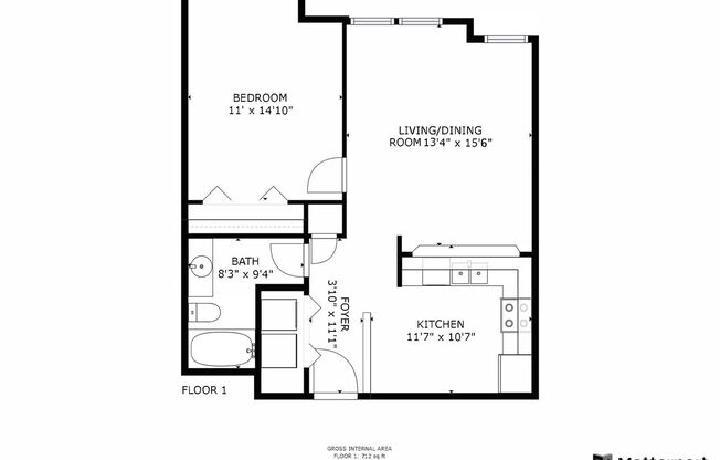 1 bed, 1 bath, 709 sqft, $930, Unit 208