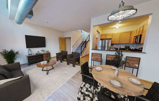 a dining room and living room with a table and chairs