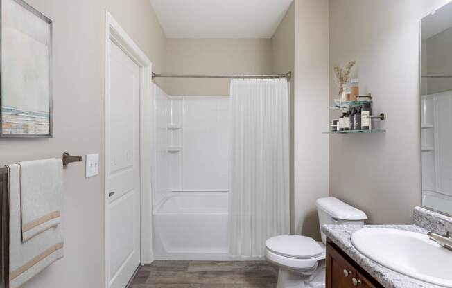 a bathroom with a shower toilet and sink and a mirror