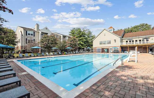 A large swimming pool surrounded by benches and trees.