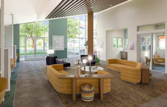 Brand new clubhouse with couches and a table at Canyon Terrace Apartments, California, 95630