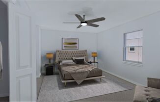 a bedroom with a bed and a ceiling fan