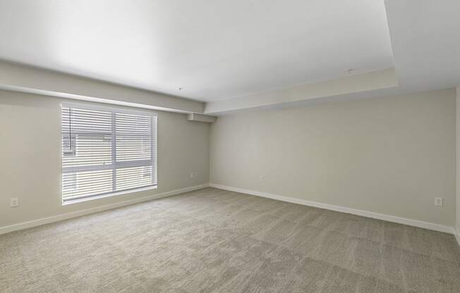 Spacious Living Area with Large, Oversized Windows with Blinds and Tan Plush Carpeting Wall to Wall at Excalibur Apartment Homes, Bellevue, Washington 98004