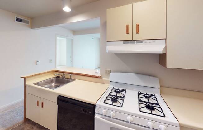 a two bedroom kitchen with a gas stove, dishwasher,  and a sink