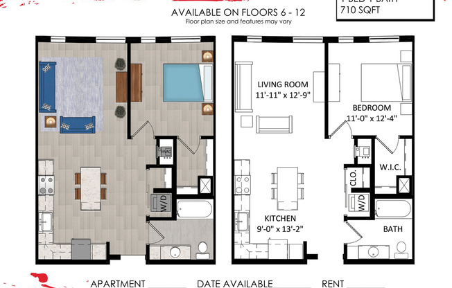 1 bed, 1 bath, 710 sqft, $1,725, Unit 611