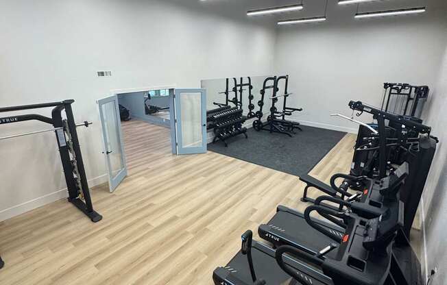 A gym with a row of treadmills on the right and a mirror on the left.
