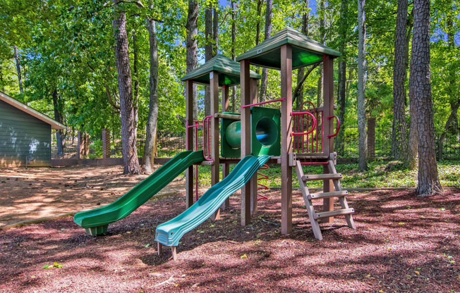 a playground with two slides and a ladder in a wooded area