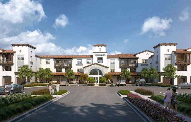 A street view of a residential area with apartment buildings and cars parked on the side of the road at Pradera Apartments, San Ramon, 94582