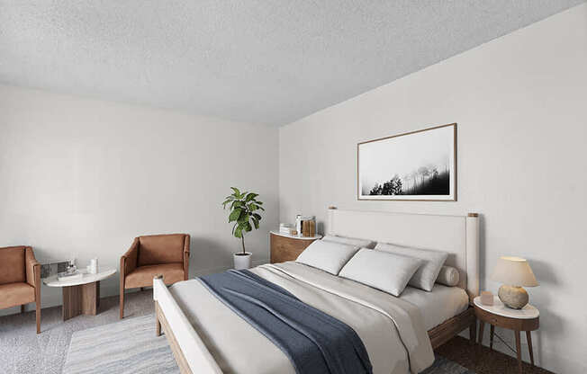 Model Bedroom with Carpet at Horizon Apartments located in Santa Ana, CA.
