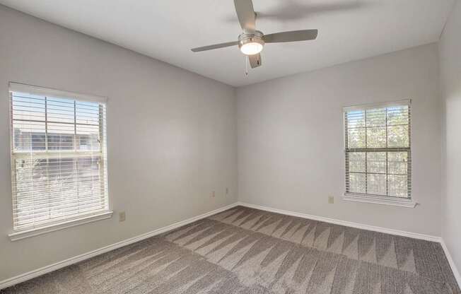 A room with a ceiling fan and carpeted floor.