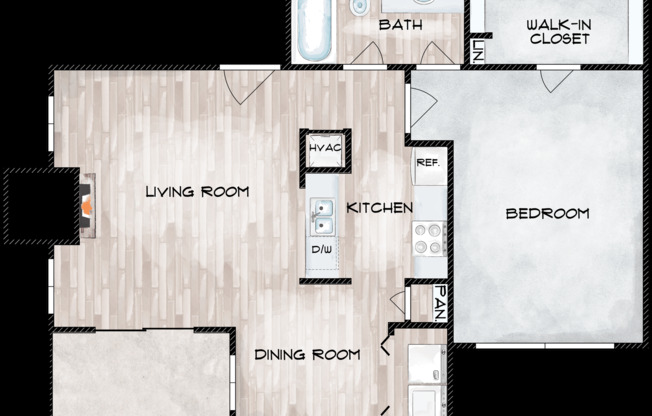 1 bed, 1 bath, 691 sqft, $975