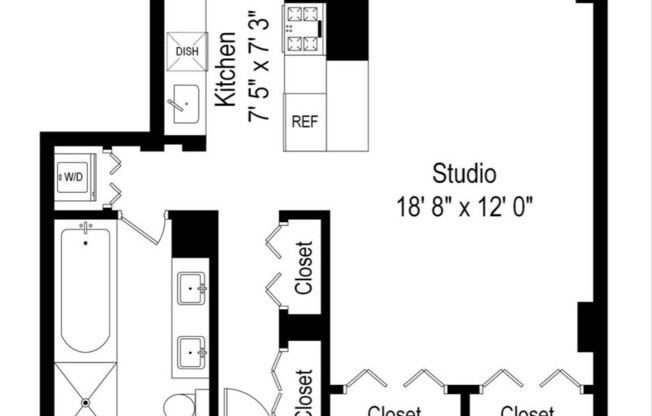Studio, 1 bath, 542 sqft, $4,200, Unit 25G